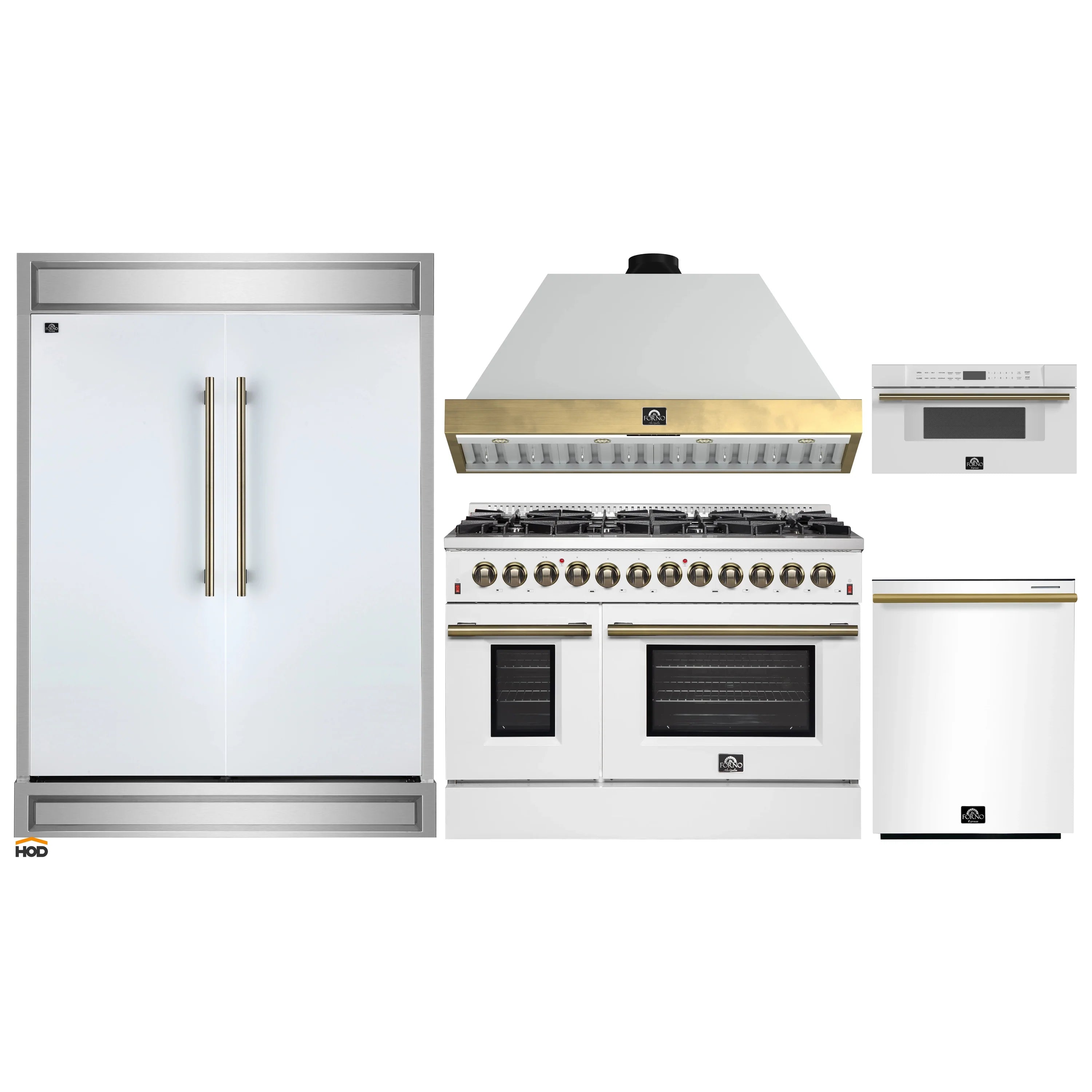 White kitchen appliance set with refrigerator, dual fuel range, and hood
