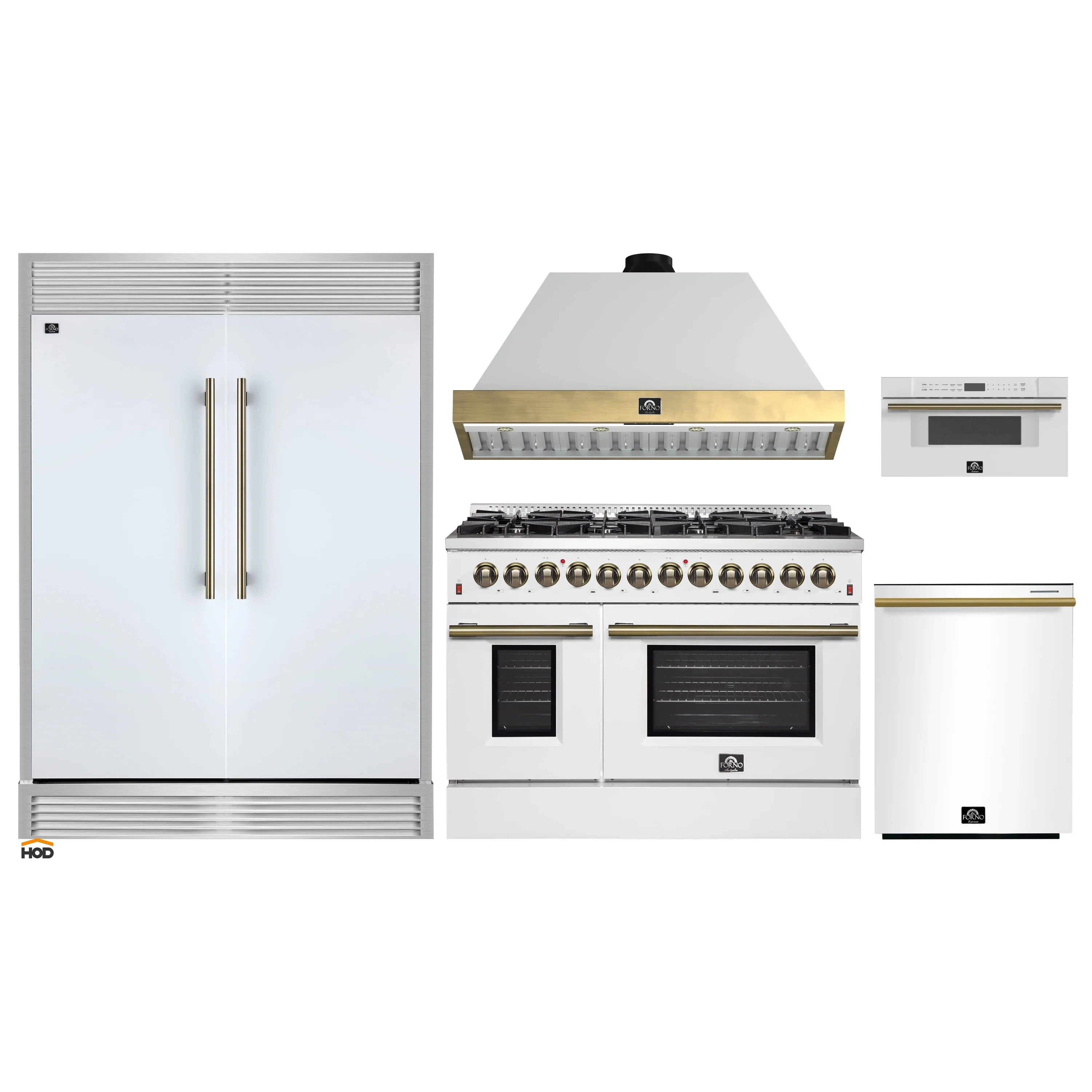 White dual fuel range with brass details and stainless range hood