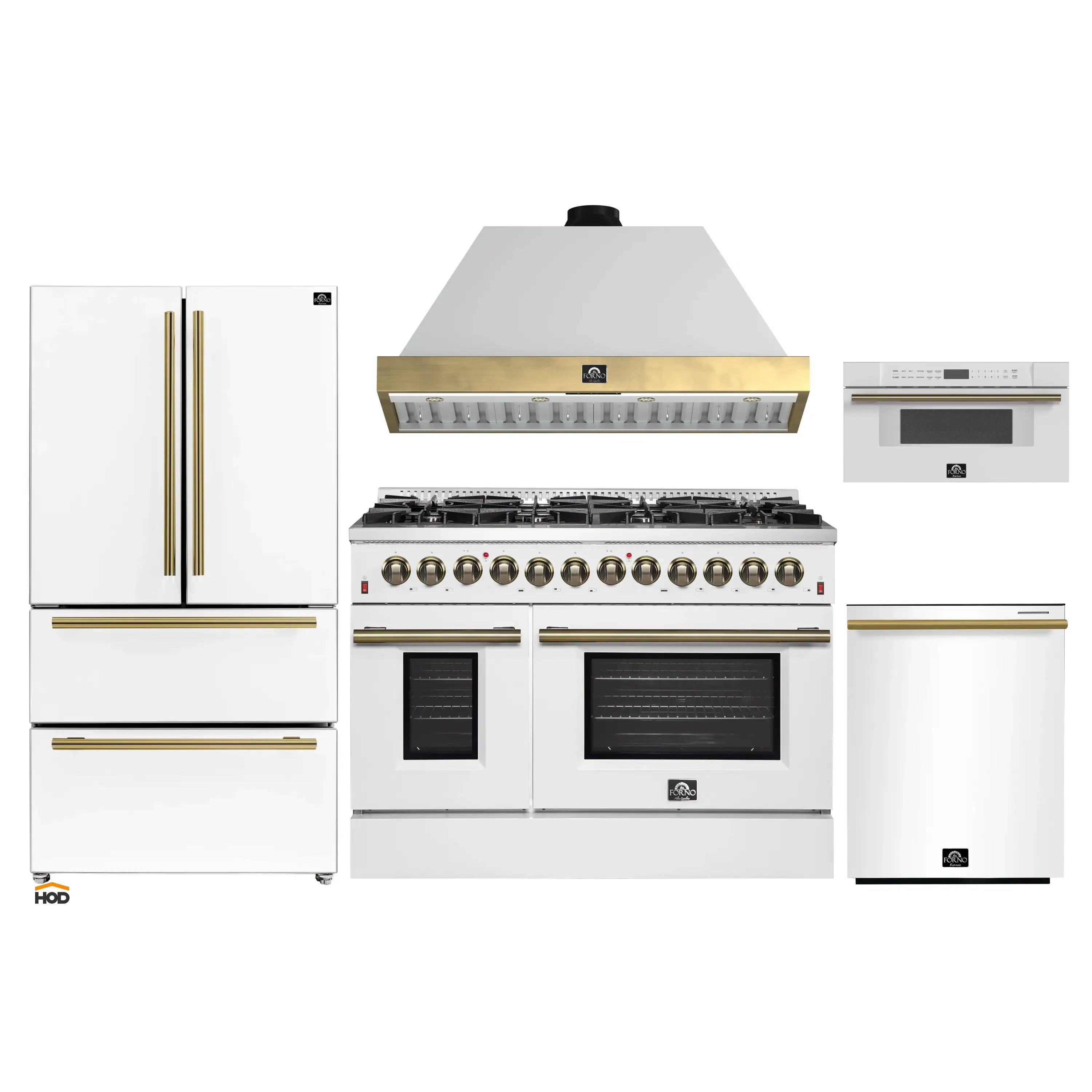 White kitchen appliance package with antique brass trim: range, hood, refrigerator and dishwasher