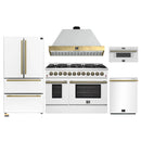 Forno Galiano 5-Piece Appliance Package - 48-Inch Dual Fuel Range, 48-Inch Hood, 36-Inch Refrigerator, 24-Inch Dishwasher, & 30-Inch Microwave Drawer in White with Antique Brass Trim