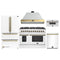 Forno Galiano 5-Piece Appliance Package - 48-Inch Dual Fuel Range, 48-Inch Hood, 36-Inch Refrigerator, 24-Inch Dishwasher, & 30-Inch Microwave Drawer in White with Antique Brass Trim