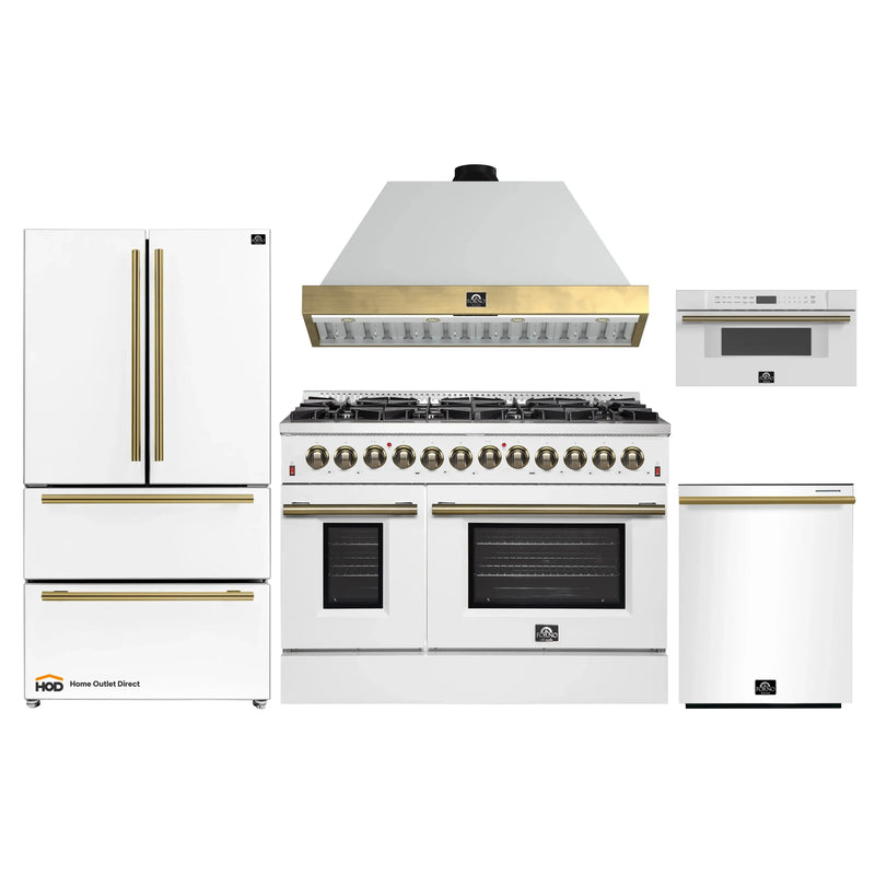 Forno Galiano 5-Piece Appliance Package - 48-Inch Dual Fuel Range, 48-Inch Hood, 36-Inch Refrigerator, 24-Inch Dishwasher, & 30-Inch Microwave Drawer in White with Antique Brass Trim