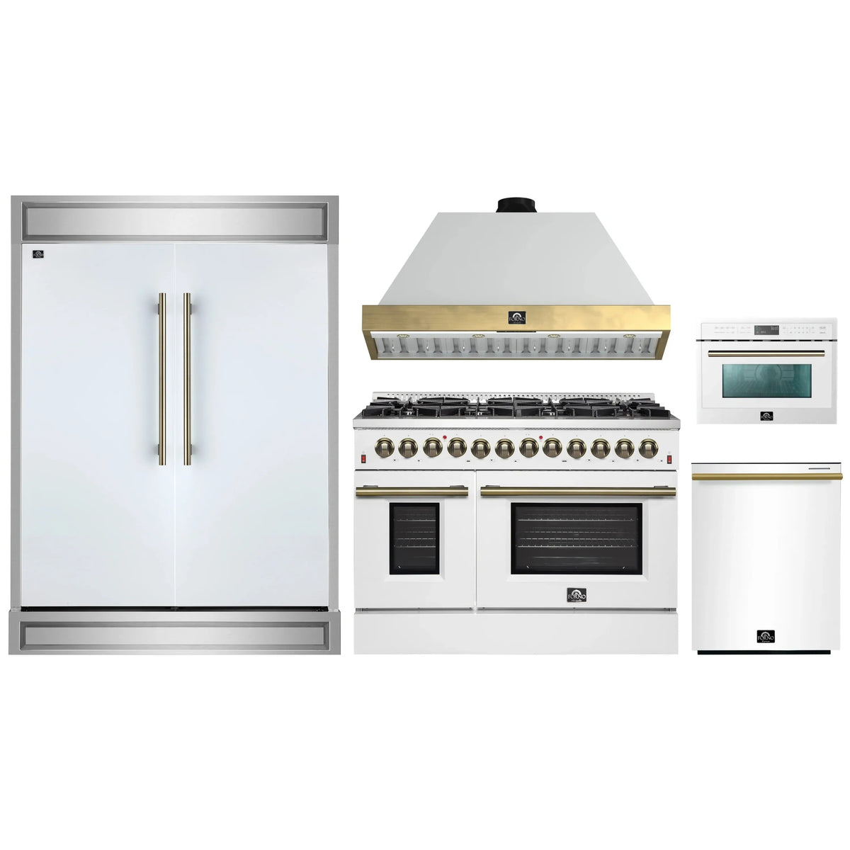 Forno 5-Piece Appliance Package - 48-Inch Dual Fuel Range, Wall Mount Range Hood, 60-Inch Refrigerator, Dishwasher, & 24-Inch Microwave Oven in White with Antique Brass Trim