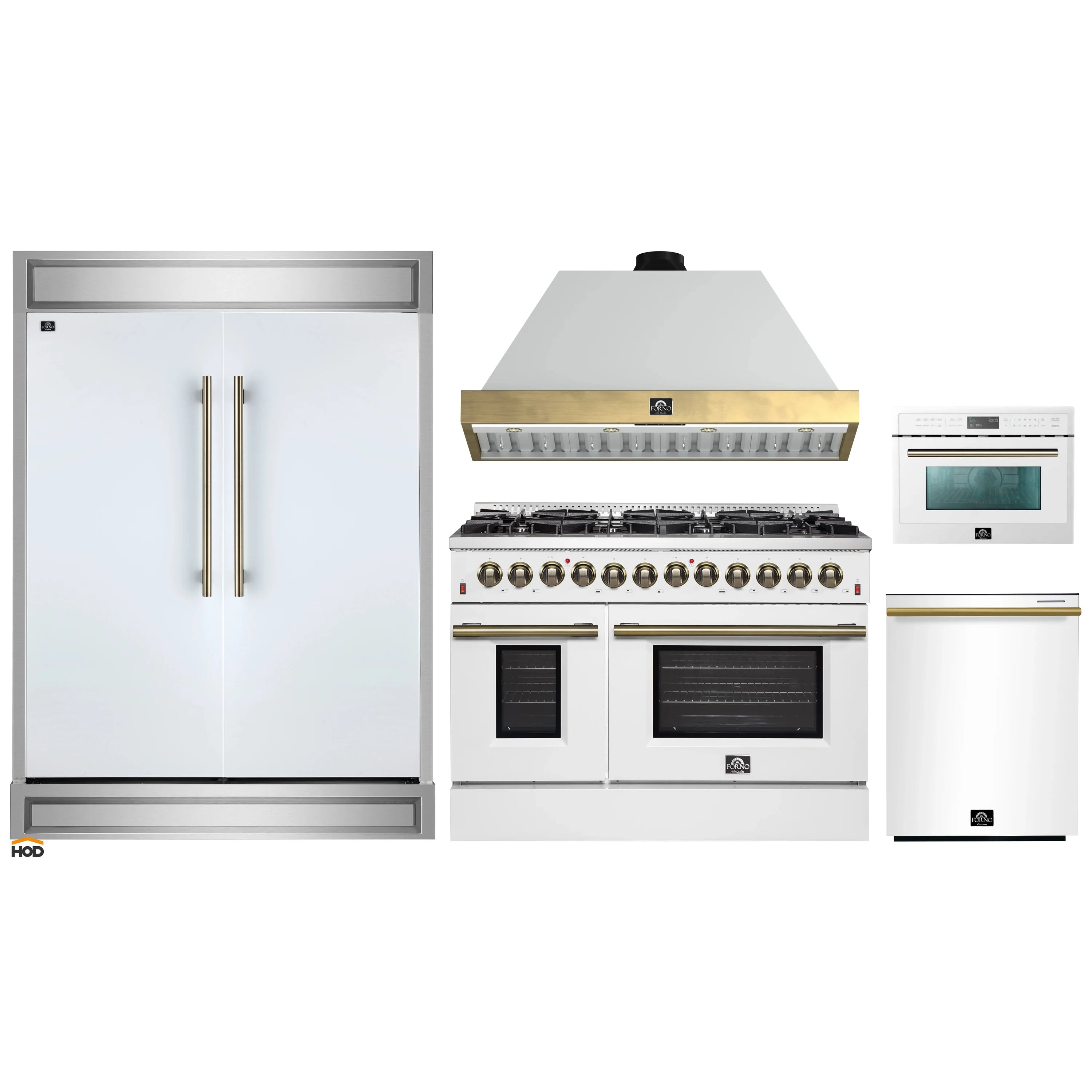 White 5-piece appliance set with range, refrigerator, dishwasher, and microwave