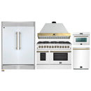 Forno 5-Piece Appliance Package - 48-Inch Galiano Dual Fuel Range, Wall Mount Range Hood, 60-Inch Refrigerator, Dishwasher, & 24-Inch Microwave Oven in White with Antique Brass Handle