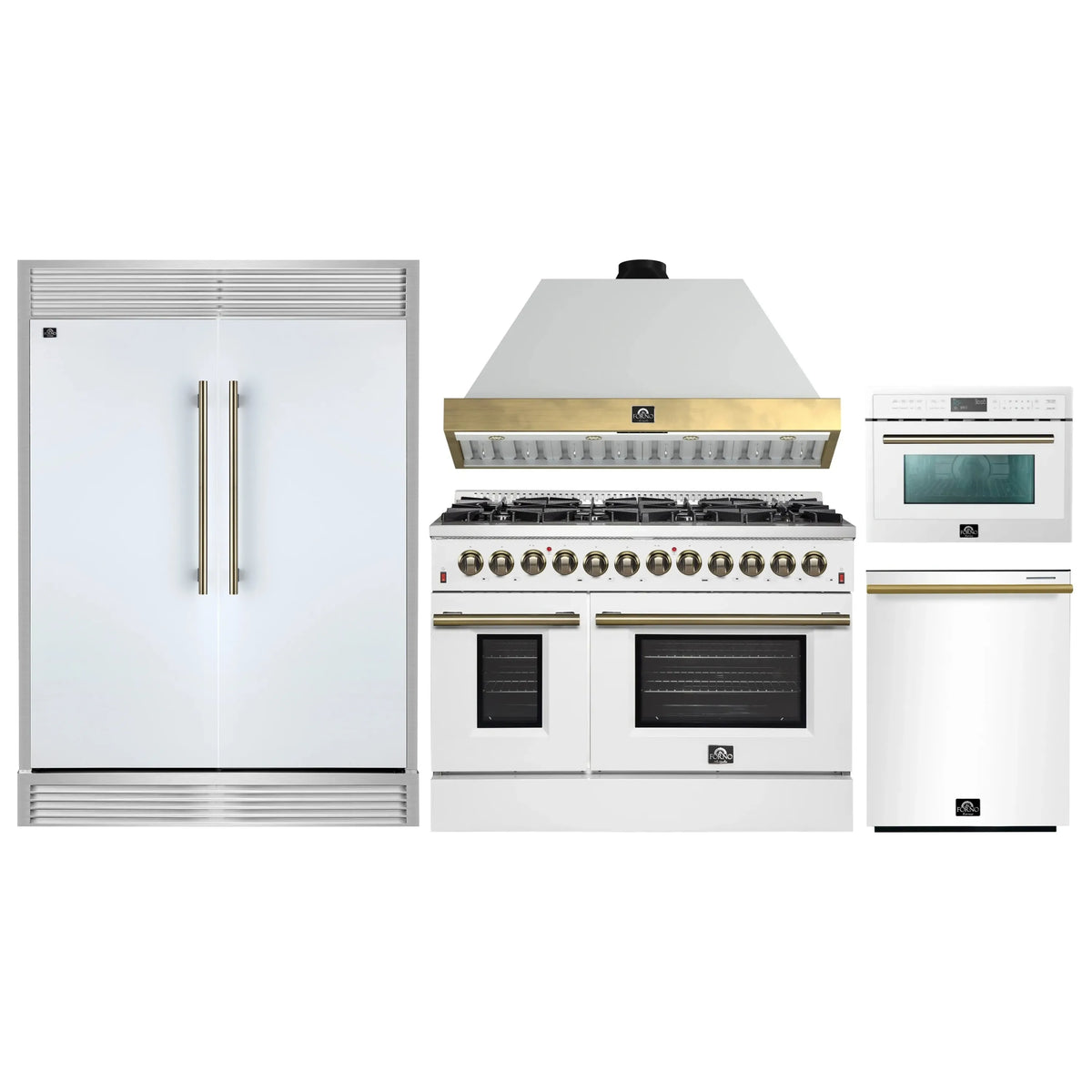 Forno 5-Piece Appliance Package - 48-Inch Galiano Dual Fuel Range, Wall Mount Range Hood, 60-Inch Refrigerator, Dishwasher, & 24-Inch Microwave Oven in White with Antique Brass Trim