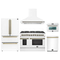 Forno Galiano 5-Piece Appliance Package - 48-Inch Dual Fuel Range, 48-Inch Hood, 36-Inch Refrigerator, 24-Inch Dishwasher, & 24-Inch Microwave Oven in White with Antique Brass Trim