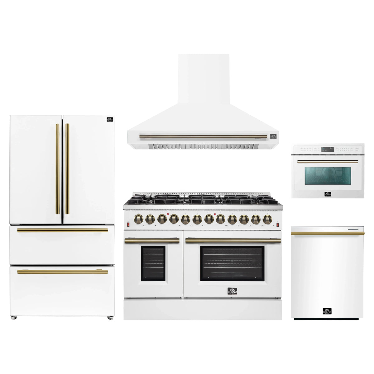 Forno Galiano 5-Piece Appliance Package - 48-Inch Dual Fuel Range, 48-Inch Hood, 36-Inch Refrigerator, 24-Inch Dishwasher, & 24-Inch Microwave Oven in White with Antique Brass Trim