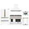 Forno Galiano 5-Piece Appliance Package - 48-Inch Dual Fuel Range, 48-Inch Hood, 36-Inch Refrigerator, 24-Inch Dishwasher, & 24-Inch Microwave Oven in White with Antique Brass Trim