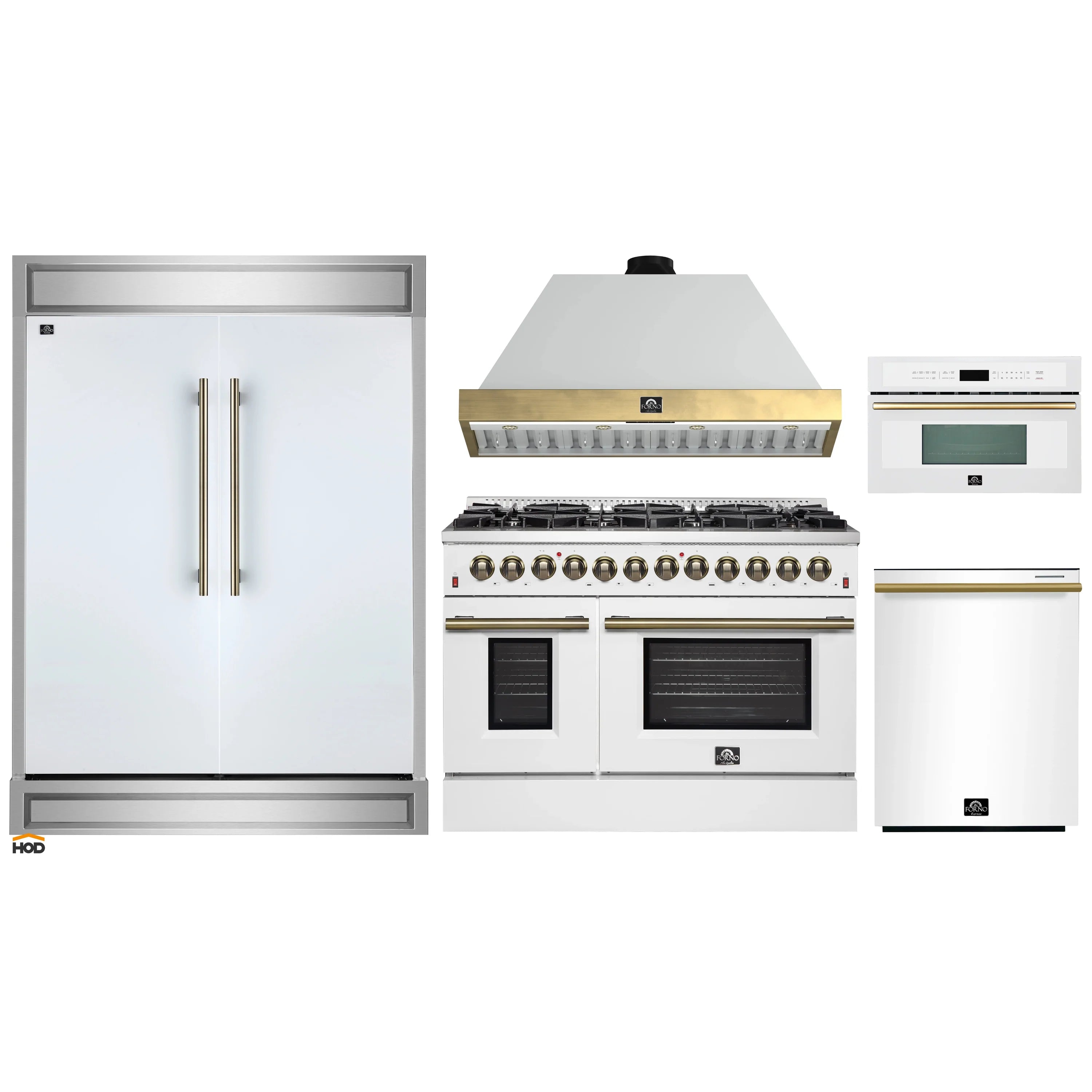 White Forno 5-piece appliance package with range, hood, refrigerator, dishwasher, and microwave