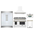 Forno 5-Piece Appliance Package - 48-Inch Galiano Dual Fuel Range, Wall Mount Range Hood, 60-Inch Refrigerator, Dishwasher, & 30-Inch Microwave Oven in White with Antique Brass Trim