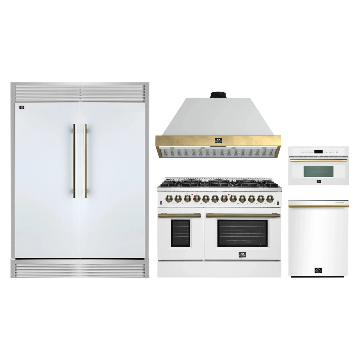 Forno 5-Piece Appliance Package - 48-Inch Galiano Dual Fuel Range, Wall Mount Range Hood, 60-Inch Refrigerator, Dishwasher, & 30-Inch Microwave Oven in White with Antique Brass Trim