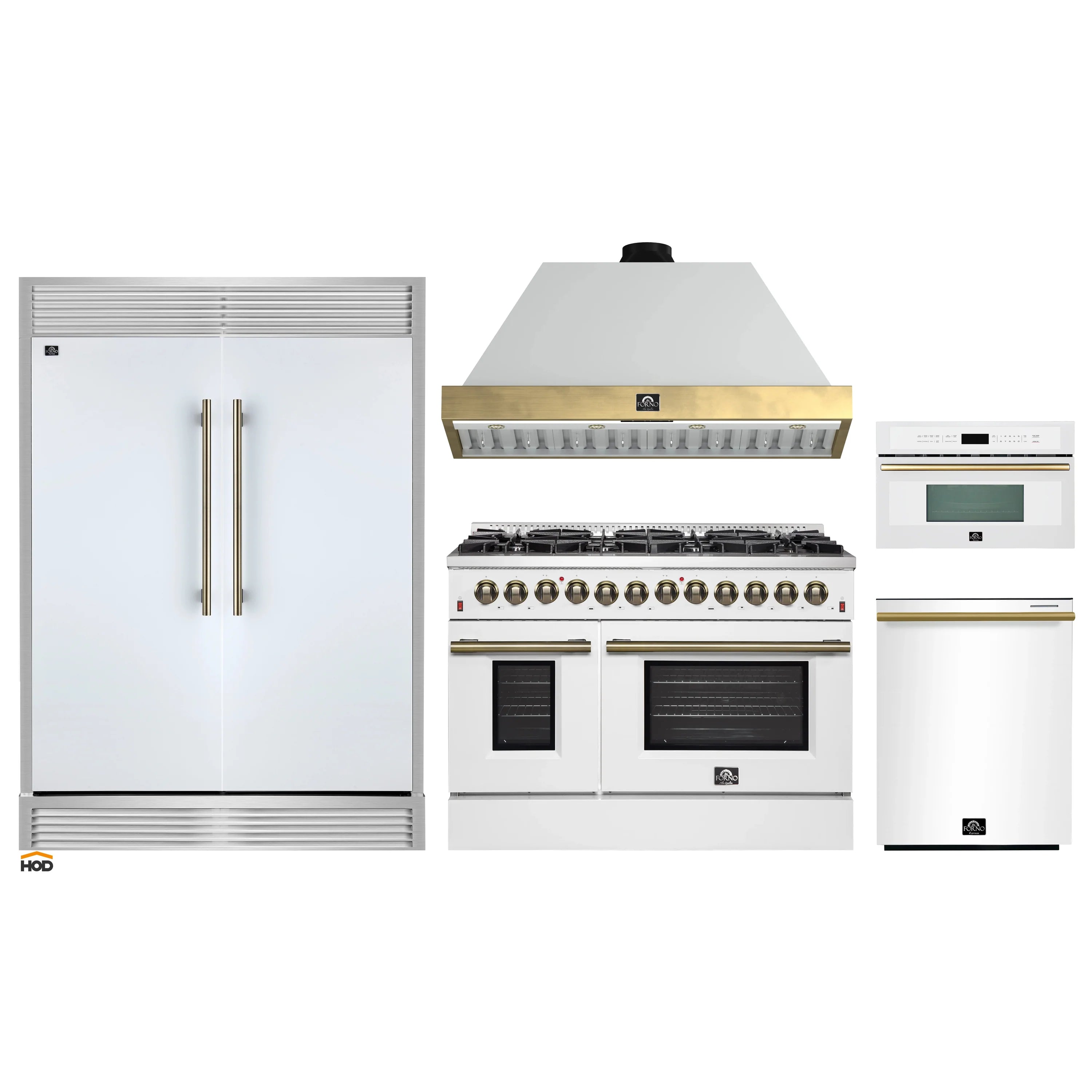 White dual fuel range with black burners, wall hood, and adjacent white appliances