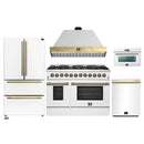 Forno Galiano 5-Piece Appliance Package - 48-Inch Dual Fuel Range, 48-Inch Hood, 36-Inch Refrigerator, 24-Inch Dishwasher, & 30-Inch Microwave Oven in White with Antique Brass Trim
