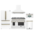 Forno Galiano 5-Piece Appliance Package - 48-Inch Dual Fuel Range, 48-Inch Hood, 36-Inch Refrigerator, 24-Inch Dishwasher, & 30-Inch Microwave Oven in White with Antique Brass Trim