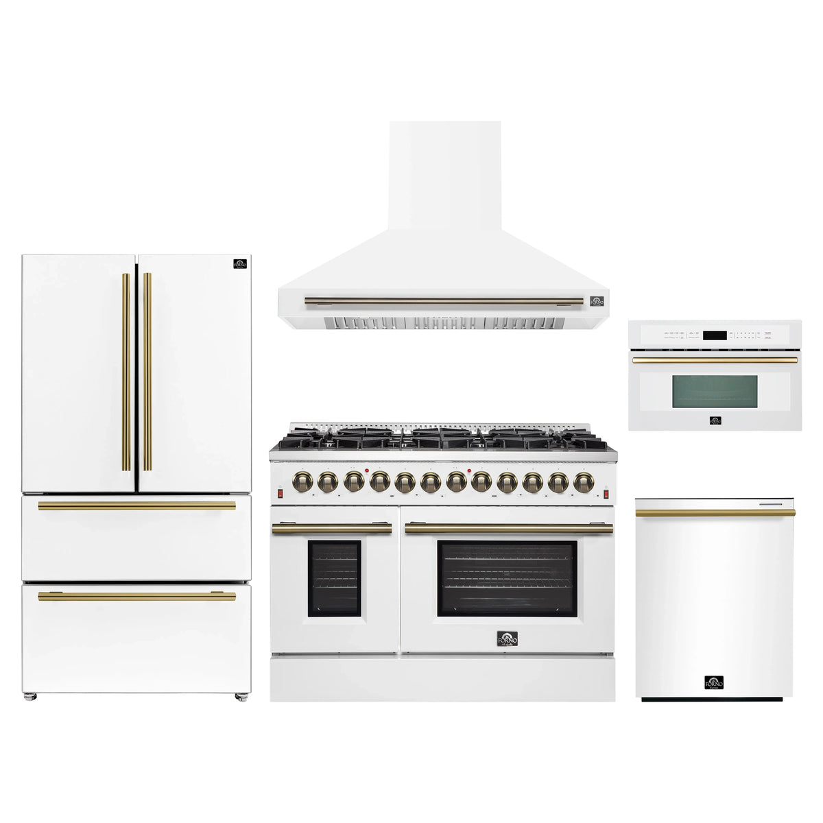 Forno Galiano 5-Piece Appliance Package - 48-Inch Dual Fuel Range, 48-Inch Hood, 36-Inch Refrigerator, 24-Inch Dishwasher, & 30-Inch Microwave Oven in White with Antique Brass Trim