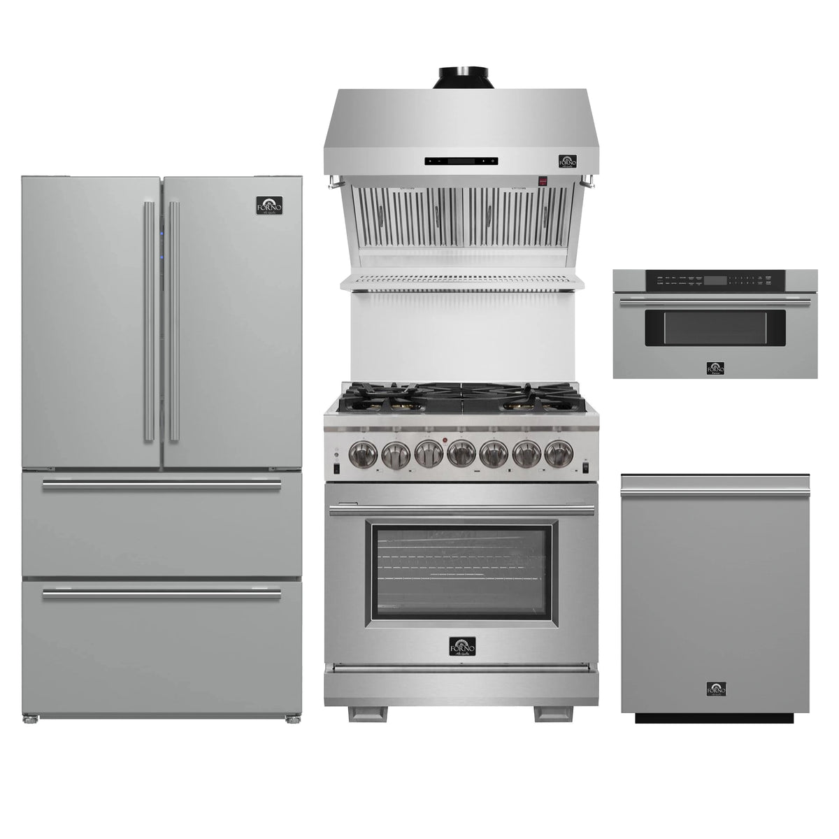Forno 5-Piece Pro Appliance Package - 30-Inch Dual Fuel Range, Refrigerator, Wall Mount Hood with Backsplash, 30-Inch Microwave Drawer, & 3-Rack Dishwasher in Stainless Steel