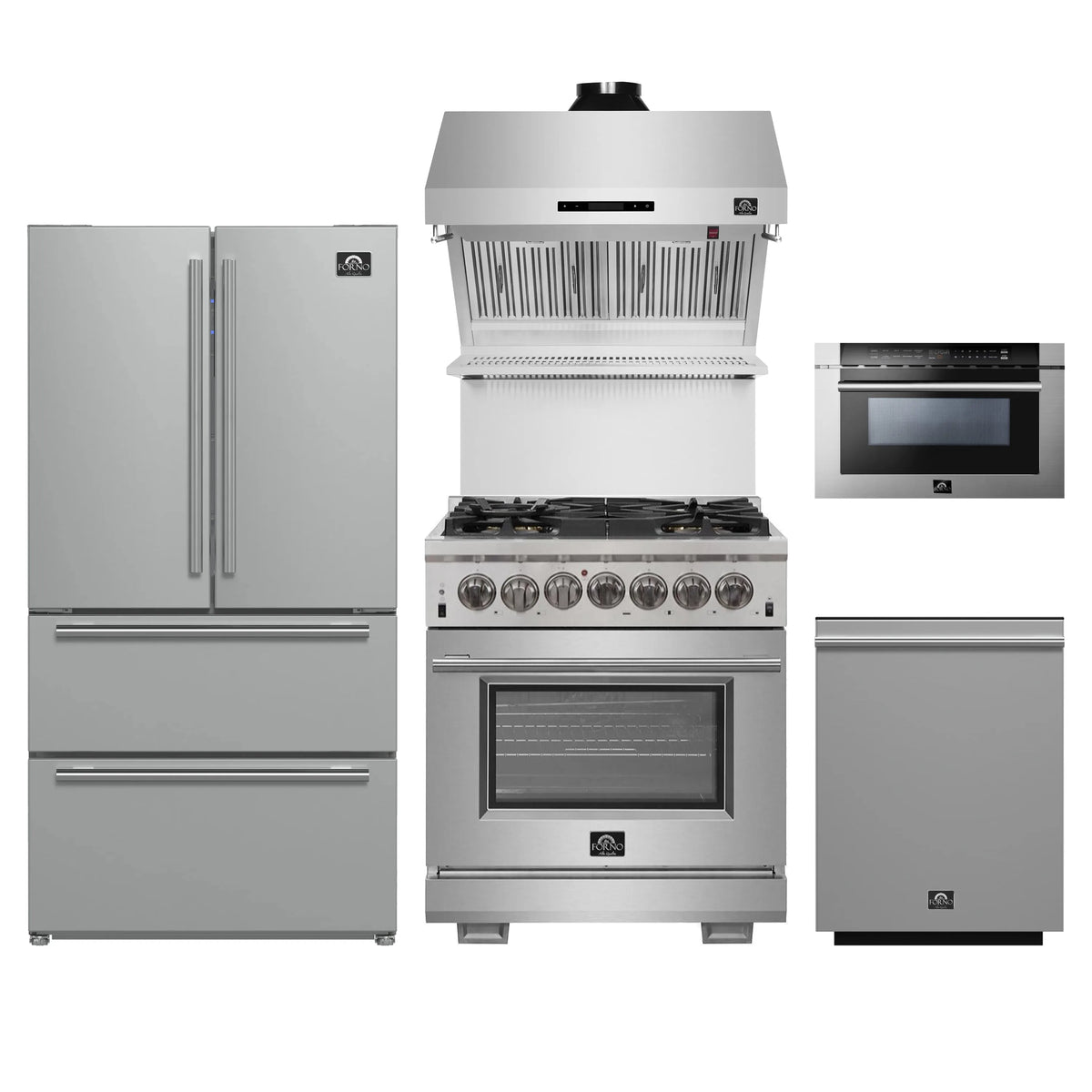 Forno 5-Piece Pro Appliance Package - 30-Inch Dual Fuel Range, Refrigerator, Wall Mount Hood with Backsplash, 24-Inch Microwave Drawer, & 3-Rack Dishwasher in Stainless Steel
