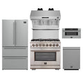 Forno 5-Piece Pro Appliance Package - 36-Inch Capriasca Dual Fuel Range, 36-Inch Refrigerator, Wall Mount Hood with Backsplash, 30-Inch Microwave Drawer, & 3-Rack Dishwasher in Stainless Steel