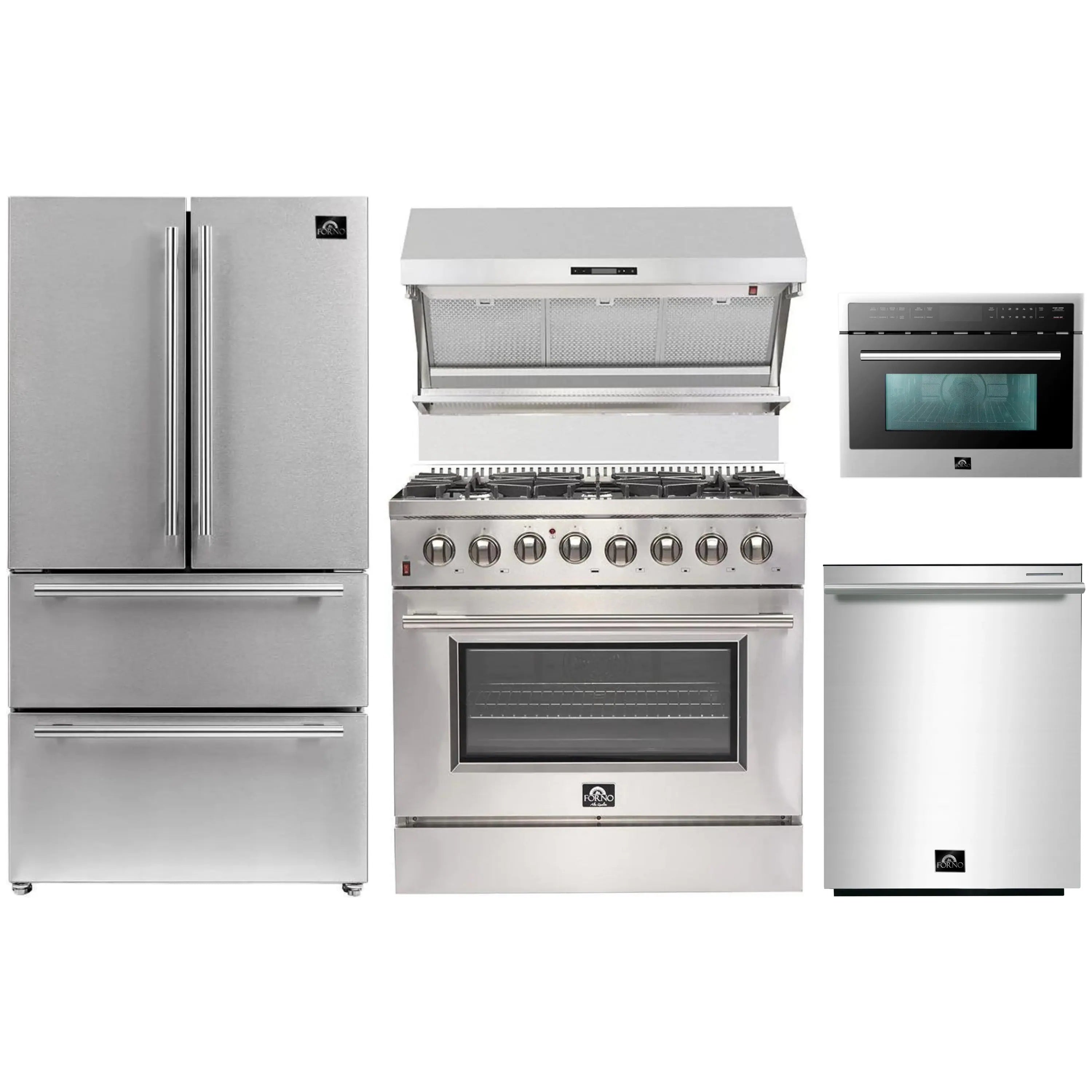 Stainless steel appliance package with refrigerator, dual-fuel range, hood, microwave, dishwasher