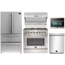 Forno 5-Piece Pro Appliance Package - 36" Dual Fuel Range, 36" Refrigerator, Wall Mount Hood with Backsplash, 24-Inch Microwave Drawer, and Dishwasher in Stainless Steel