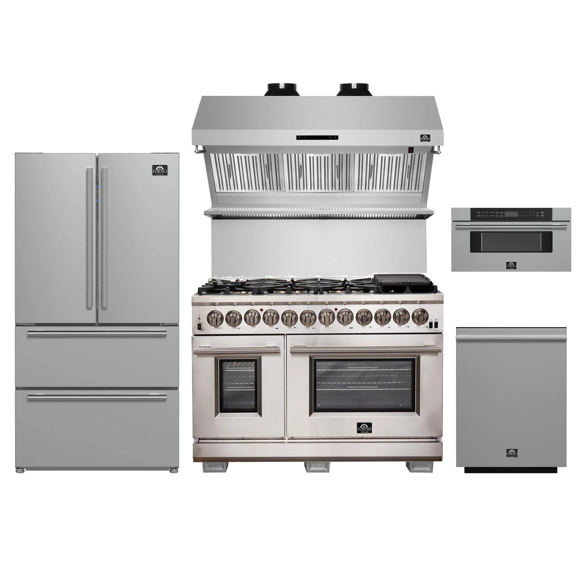 Forno 5-Piece Pro Appliance Package - 48-Inch Dual Fuel Range, Refrigerator, Wall Mount Hood with Backsplash, 30-Inch Microwave Drawer, & 3-Rack Dishwasher in Stainless Steel