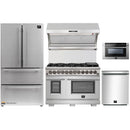 Forno 5-Piece Pro Appliance Package - 48-Inch Dual Fuel Range, Refrigerator, Wall Mount Hood with Backsplash, 24-Inch Microwave Drawer, & 3-Rack Dishwasher in Stainless Steel