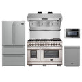 Forno 5-Piece Pro Appliance Package - 48-Inch Dual Fuel Range, Refrigerator, Wall Mount Hood with Backsplash, 24-Inch Microwave Drawer, & 3-Rack Dishwasher in Stainless Steel