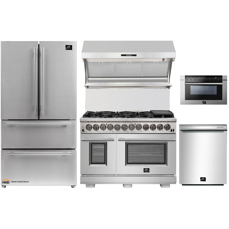 Forno 5-Piece Pro Appliance Package - 48-Inch Dual Fuel Range, Refrigerator, Wall Mount Hood with Backsplash, Microwave Drawer, & 3-Rack Dishwasher in Stainless Steel