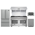 Forno 5-Piece Pro Appliance Package - 60-Inch Capriasca Dual Fuel Range, Refrigerator, Wall Mount Hood with Backsplash, 30-Inch Microwave Drawer, & 3-Rack Dishwasher in Stainless Steel