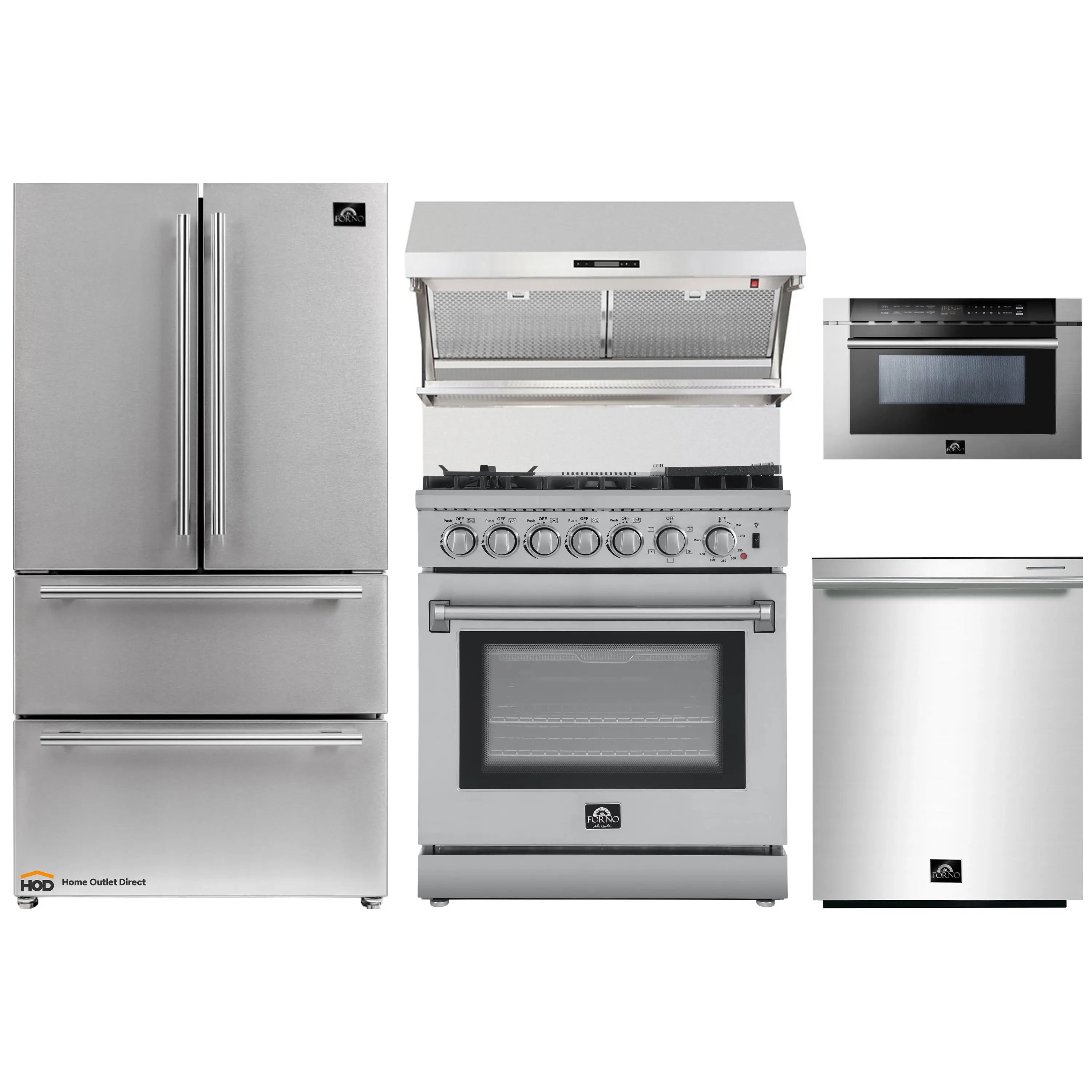 Stainless steel kitchen appliance set with range, microwave drawer, refrigerator, and dishwasher