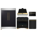 Forno 5-Piece Appliance Package - 36-Inch Gas Range, Wall Mount Range Hood, 60-Inch Convertible Refrigerator with Modern Trim, Dishwasher, and 24-Inch Microwave Drawer in Black with Antique Brass Handle