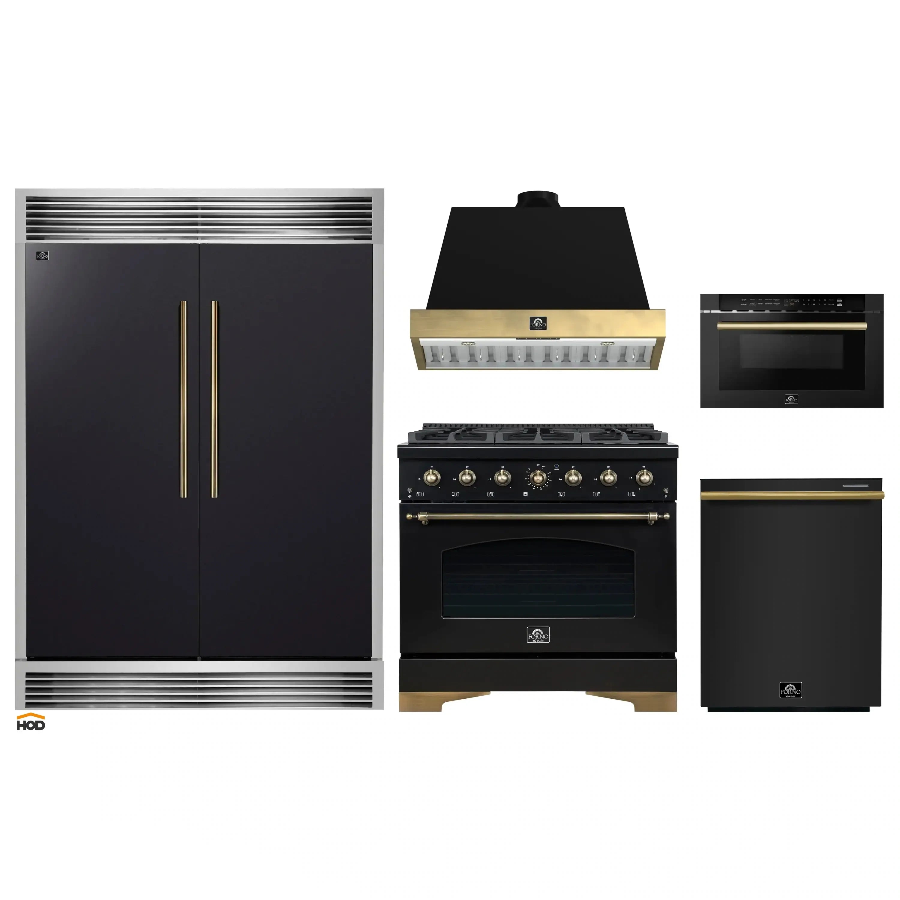 Black 5-piece appliance package with brass accents: gas range, hood, fridge, microwave