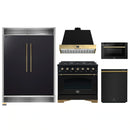 Forno 5-Piece Appliance Package - 36-Inch Gas Range, Wall Mount Range Hood, 60-Inch Convertible Refrigerator with Modern Grille Trim, Dishwasher, and 24-Inch Microwave Drawer in Black with Antique Brass Handle