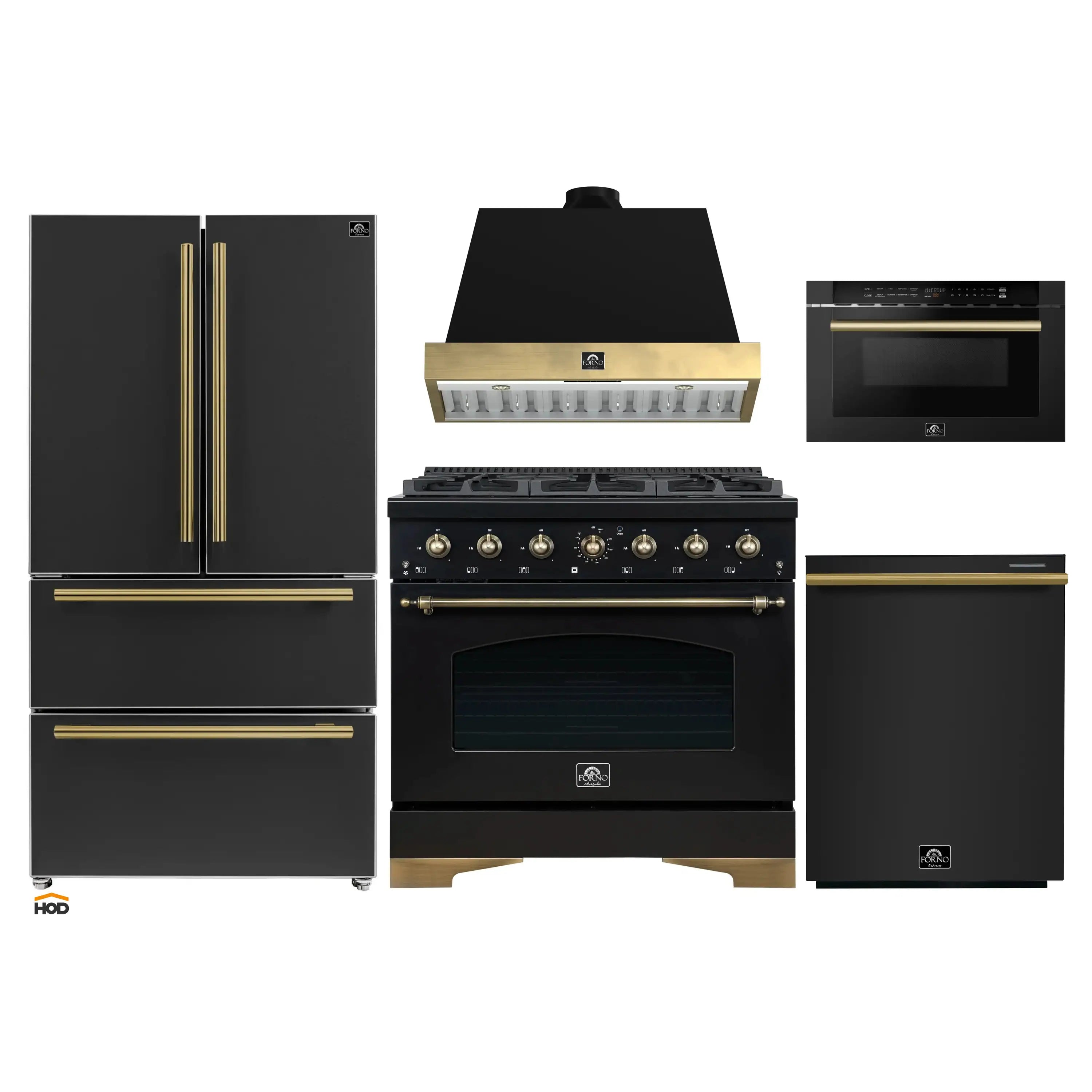 Black kitchen appliance package with gold-trimmed range, hood, fridge, and dishwasher