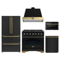 Forno Antico 5-Piece Appliance Package - 36-Inch Gas Range, 36-Inch Hood, 36-Inch Refrigerator, 24-Inch Dishwasher, & 24-Inch Microwave Drawer in Black with Antique Brass Trim