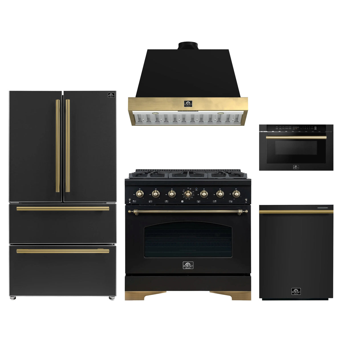 Forno Antico 5-Piece Appliance Package - 36-Inch Gas Range, 36-Inch Hood, 36-Inch Refrigerator, 24-Inch Dishwasher, & 24-Inch Microwave Drawer in Black with Antique Brass Trim