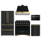 Forno Antico 5-Piece Appliance Package - 36-Inch Gas Range, 36-Inch Hood, 36-Inch Refrigerator, 24-Inch Dishwasher, & 24-Inch Microwave Drawer in Black with Antique Brass Trim
