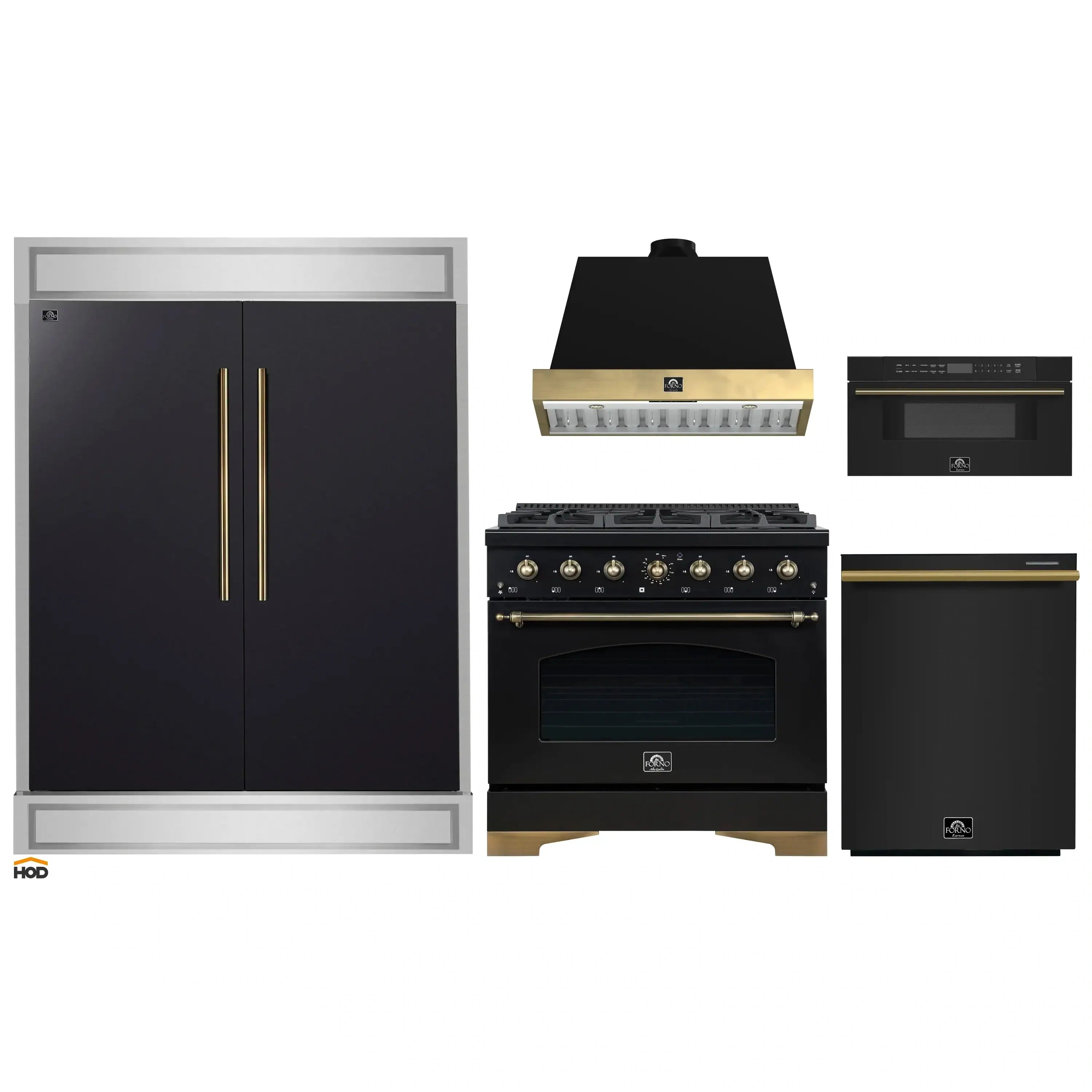 Black 5-piece appliance package with brass accents: range, hood, microwave, fridge, dishwasher