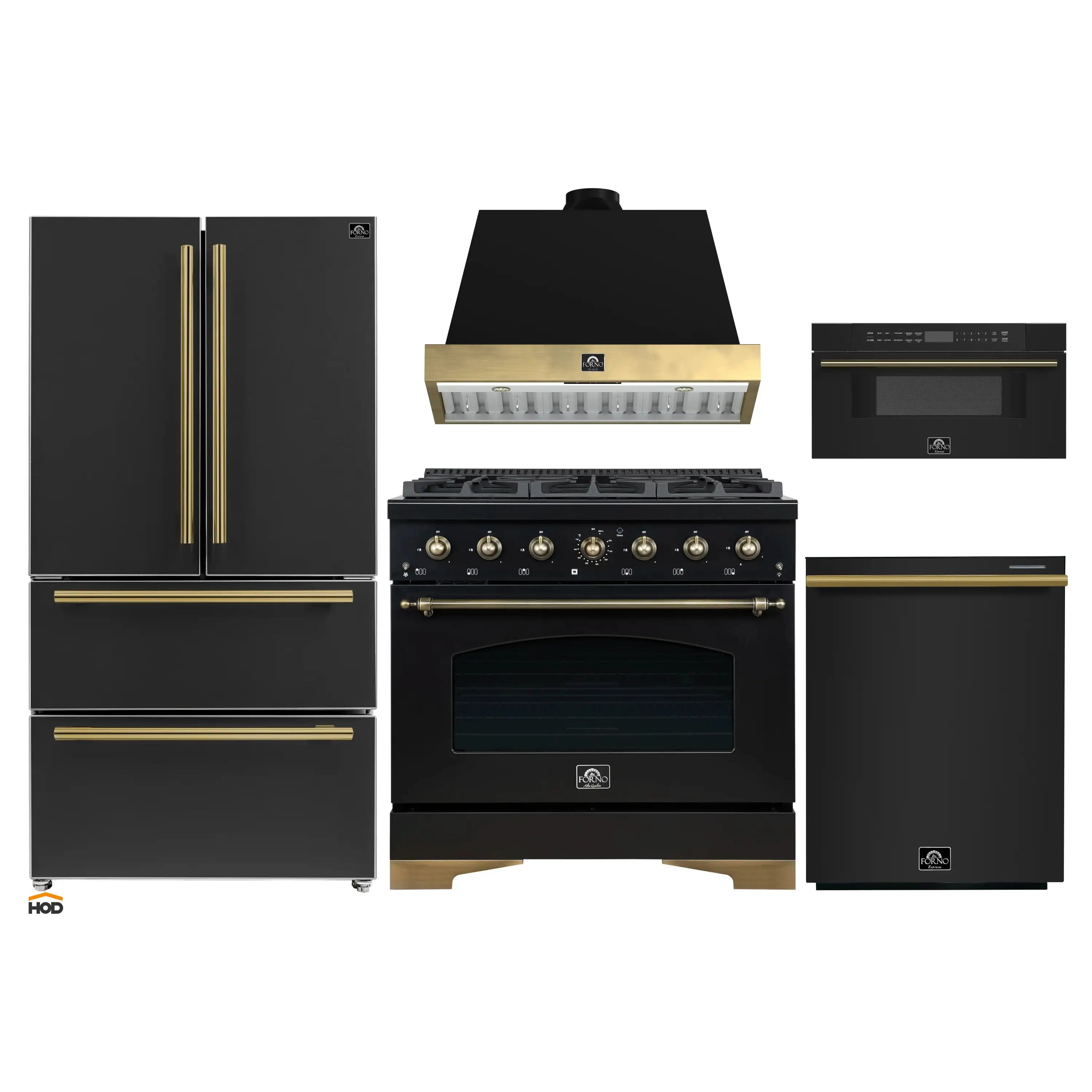 Black kitchen appliance set with antique brass trim: range, hood, fridge, dishwasher, microwave
