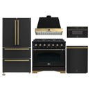 Forno Antico 5-Piece Appliance Package - 36-Inch Gas Range, 36-Inch Hood, 36-Inch Refrigerator, 24-Inch Dishwasher, & 30-Inch Microwave Drawer in Black with Antique Brass Trim