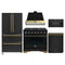 Forno Antico 5-Piece Appliance Package - 36-Inch Gas Range, 36-Inch Hood, 36-Inch Refrigerator, 24-Inch Dishwasher, & 30-Inch Microwave Drawer in Black with Antique Brass Trim