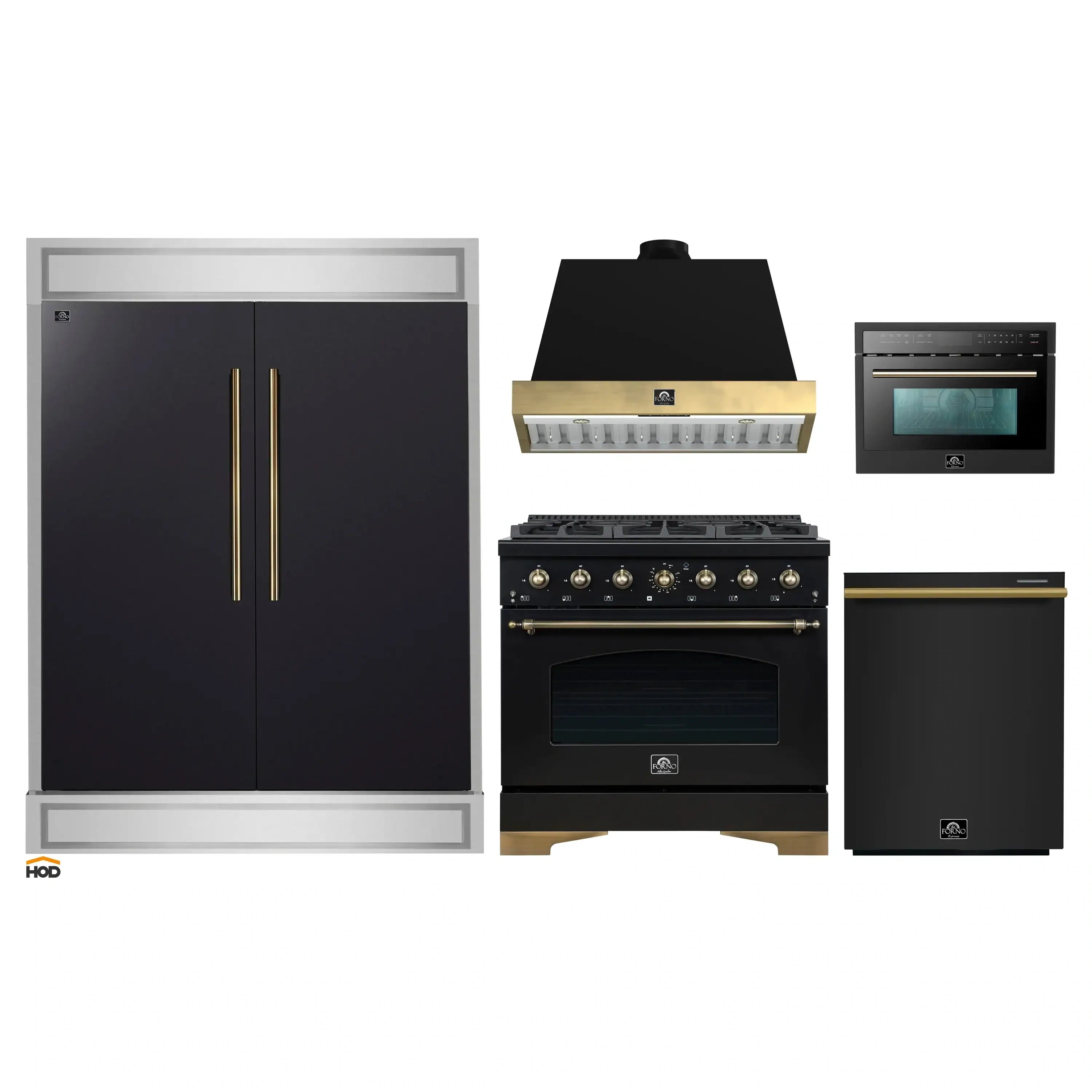 Black kitchen appliance package with refrigerator, range, oven, microwave, and hood