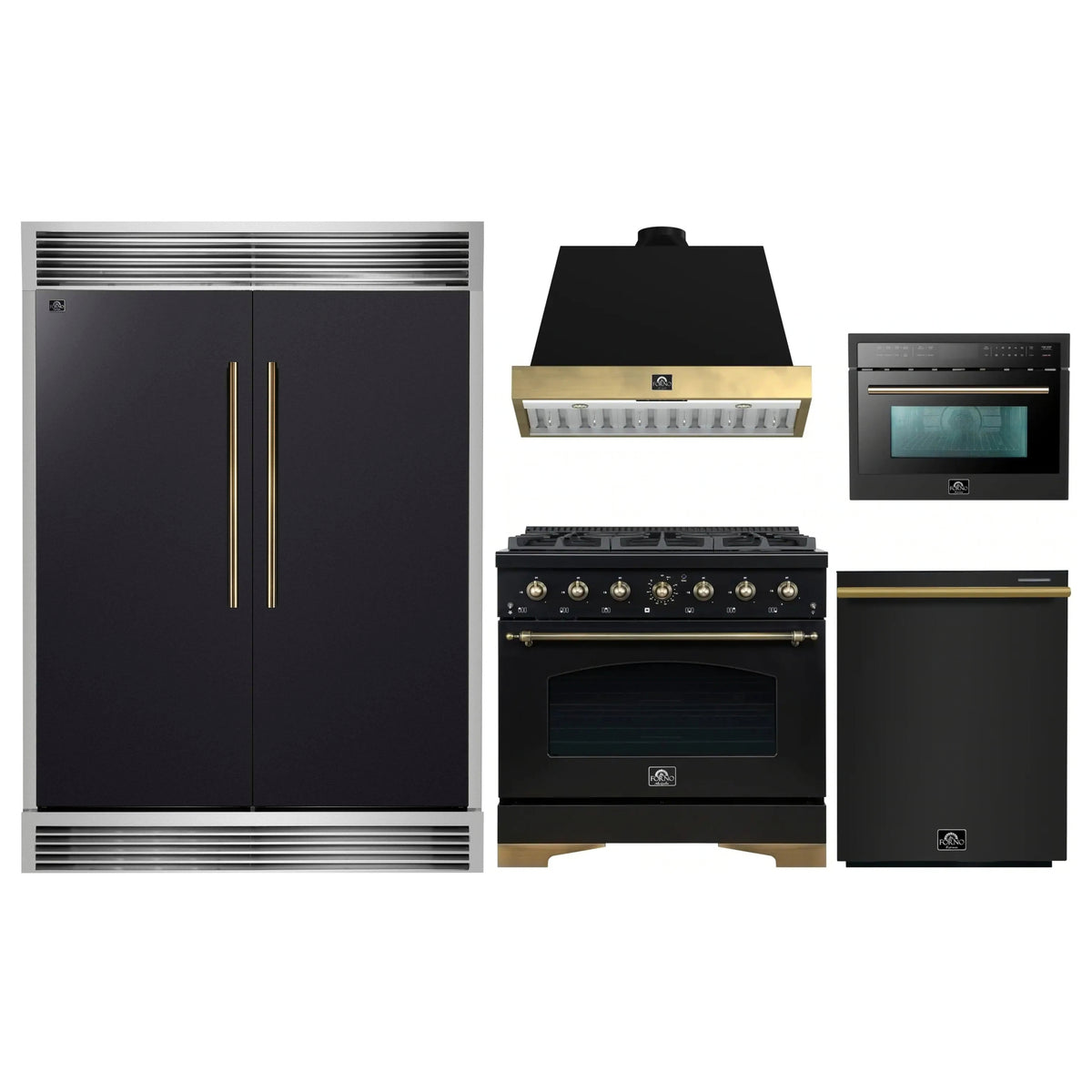 Forno 5-Piece Appliance Package - 36-Inch Gas Range, Wall Mount Range Hood, 60-Inch Convertible Refrigerator with Modern Grille Trim, Dishwasher, and 24-Inch Microwave Oven in Black with Antique Brass Trim