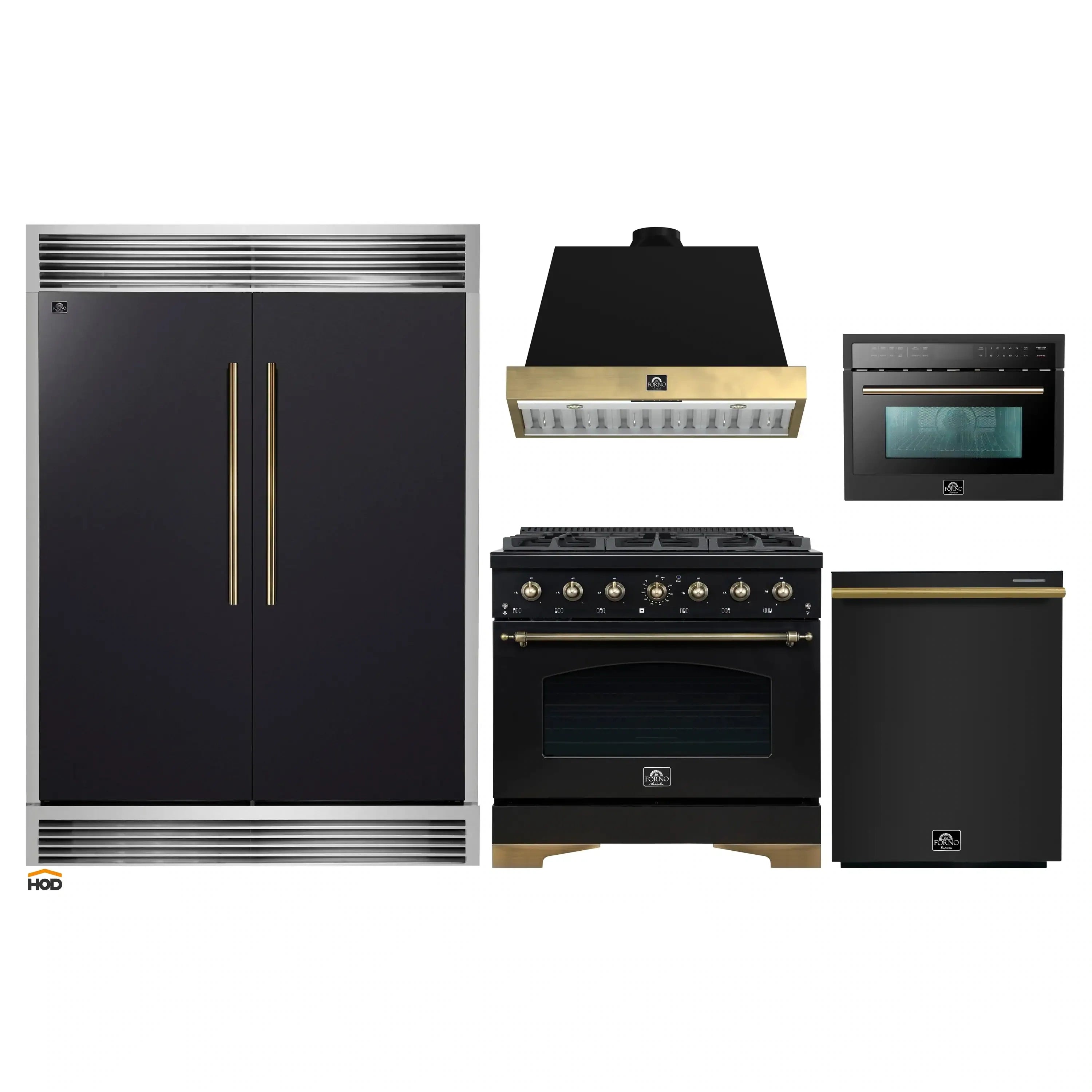 Black appliance package set with antique brass accents