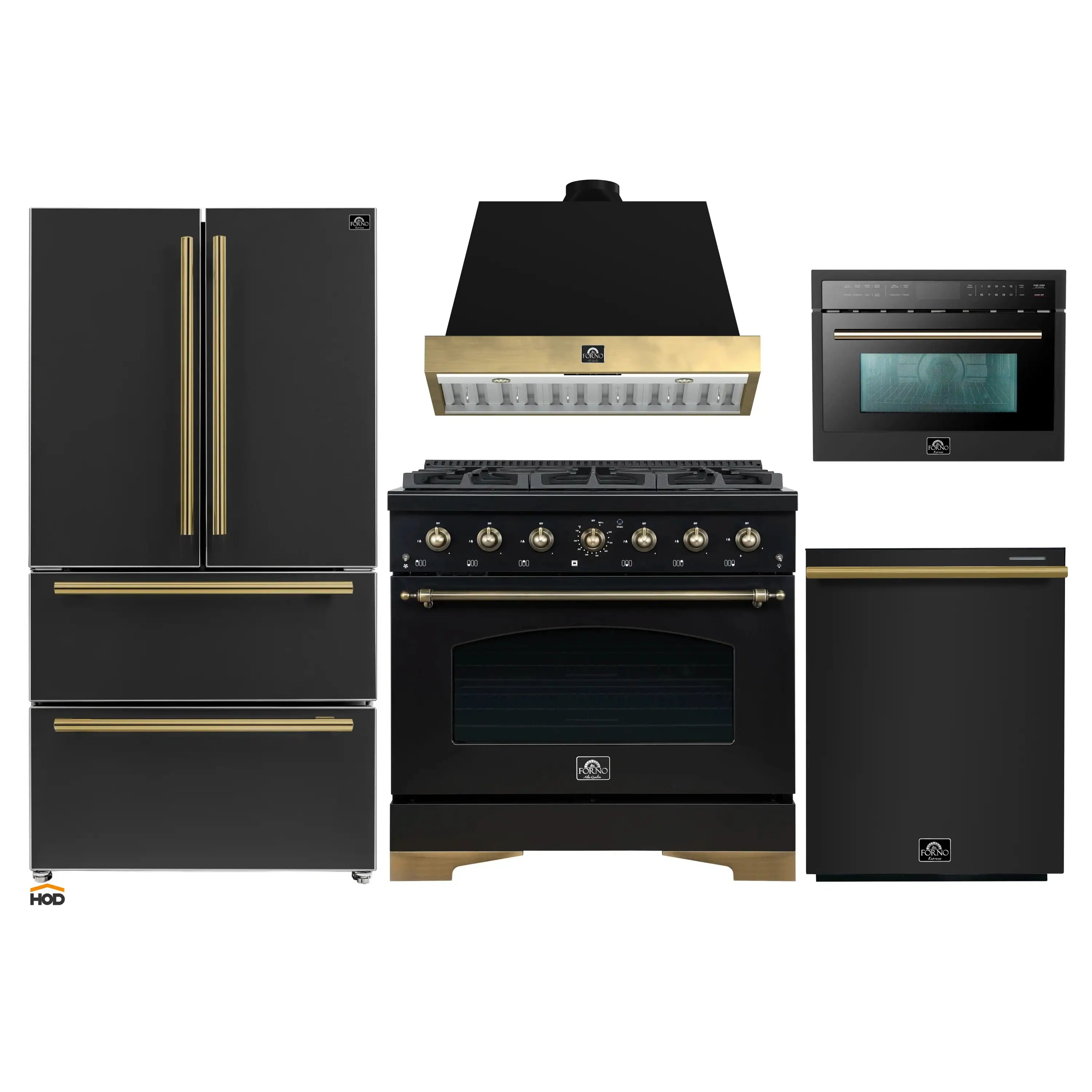 Black appliance package with gas range, hood, refrigerator, and microwave in brass trim