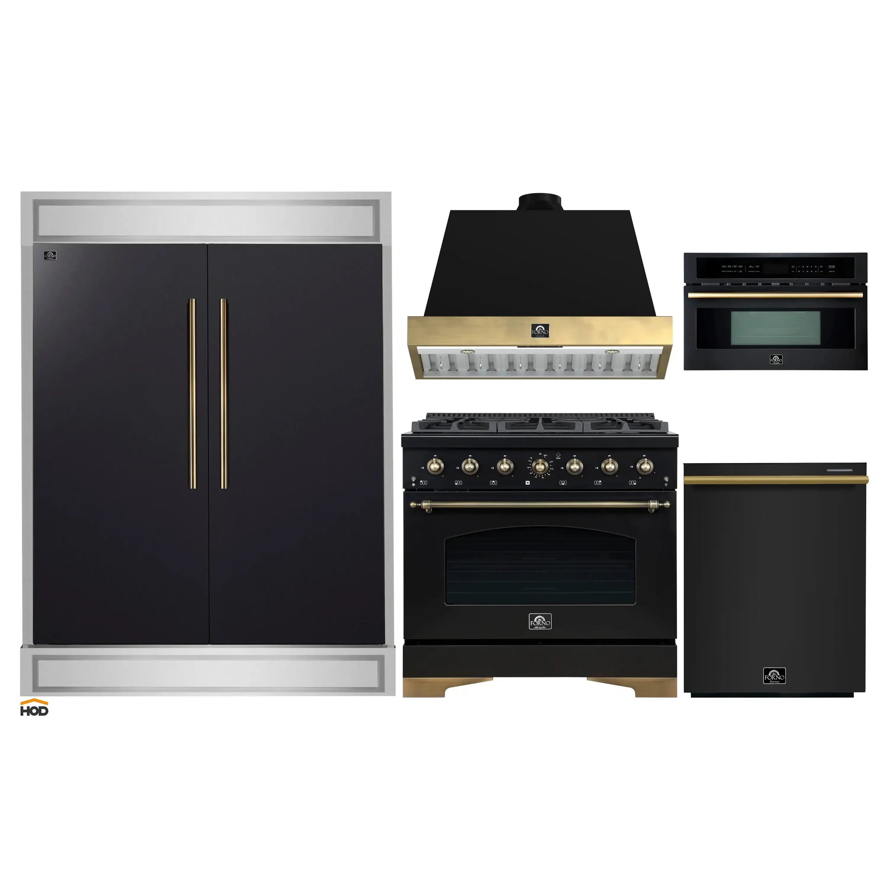 5-piece black appliance package with gold accents, including range, microwave, and refrigerator