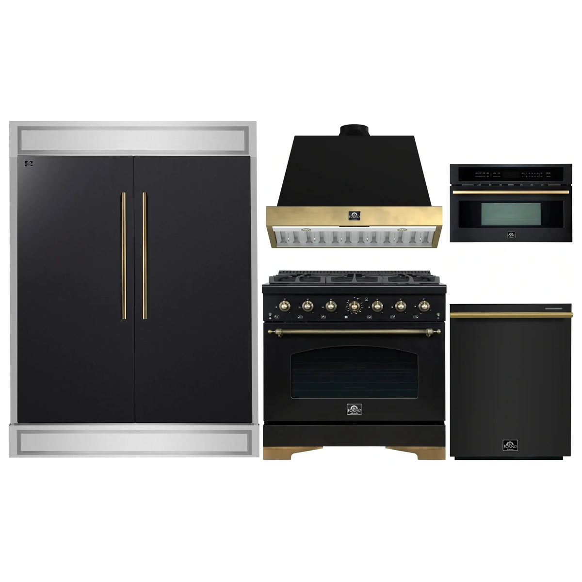 Forno 5-Piece Appliance Package - 36-Inch Gas Range, Wall Mount Range Hood, 60-Inch Convertible Refrigerator with Modern Trim, Dishwasher, and 30-Inch Microwave Oven in Black with Antique Brass Trim