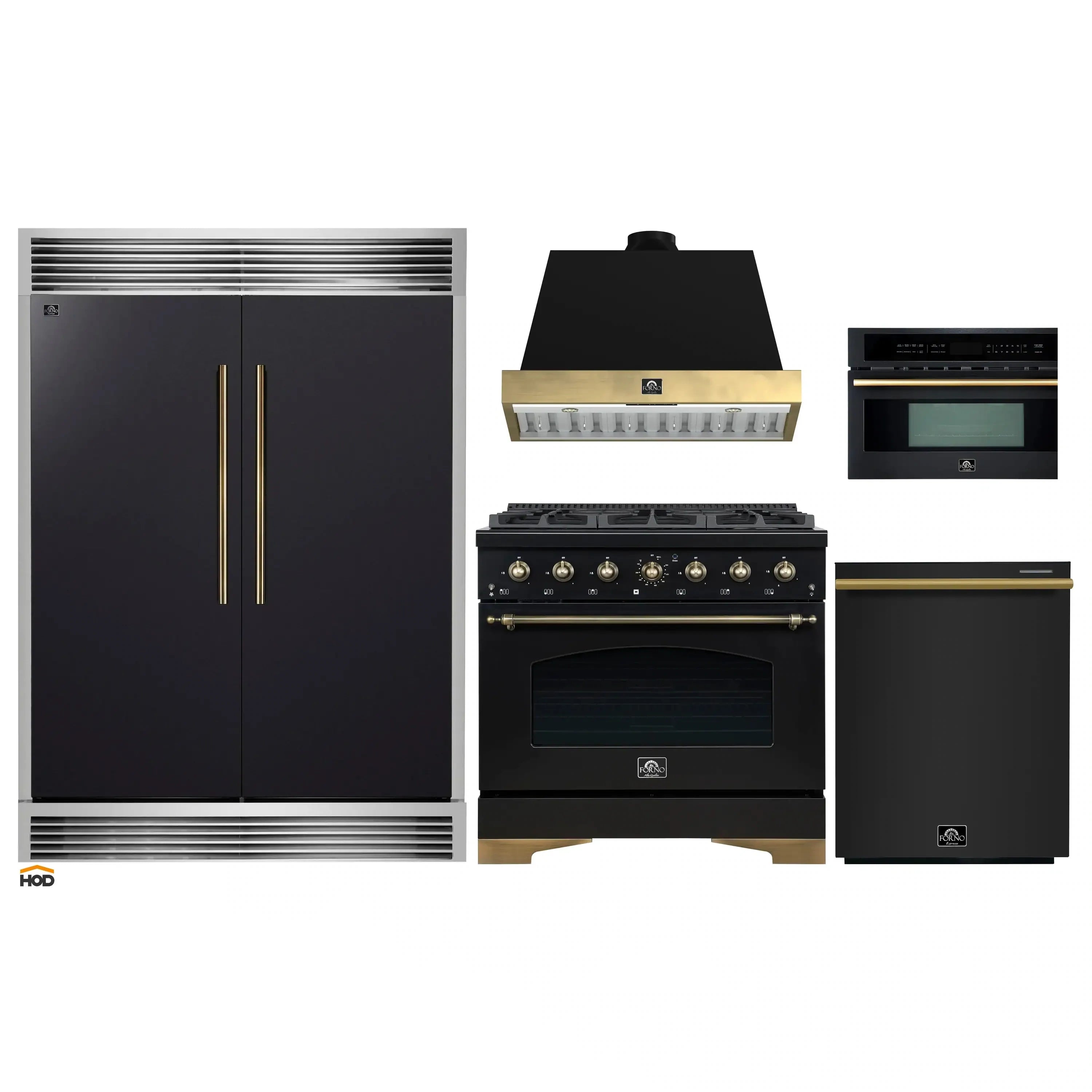 Black kitchen appliance set with brass accents, including refrigerator and range