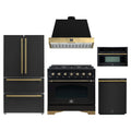 Forno Antico 5-Piece Appliance Package - 36-Inch Gas Range, 36-Inch Hood, 36-Inch Refrigerator, 24-Inch Dishwasher, & 30-Inch Microwave Oven in Black with Antique Brass Trim
